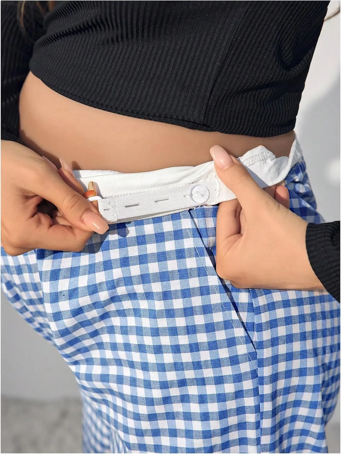 MakeMeChic Women's Maternity Gingham Plaid Pants High Waist Drawstring Straight Pregnancy Trousers
