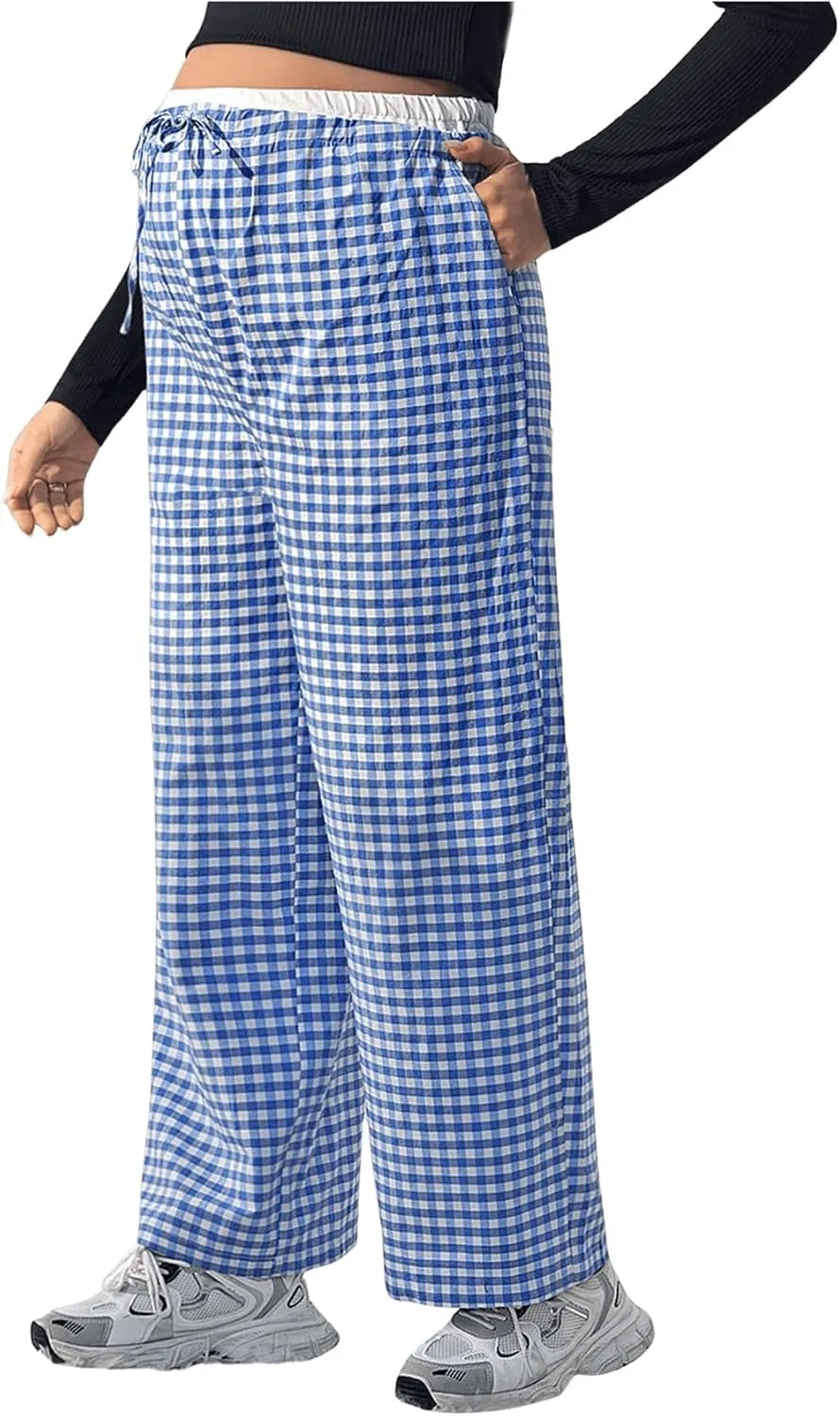 MakeMeChic Women's Maternity Gingham Plaid Pants High Waist Drawstring Straight Pregnancy Trousers