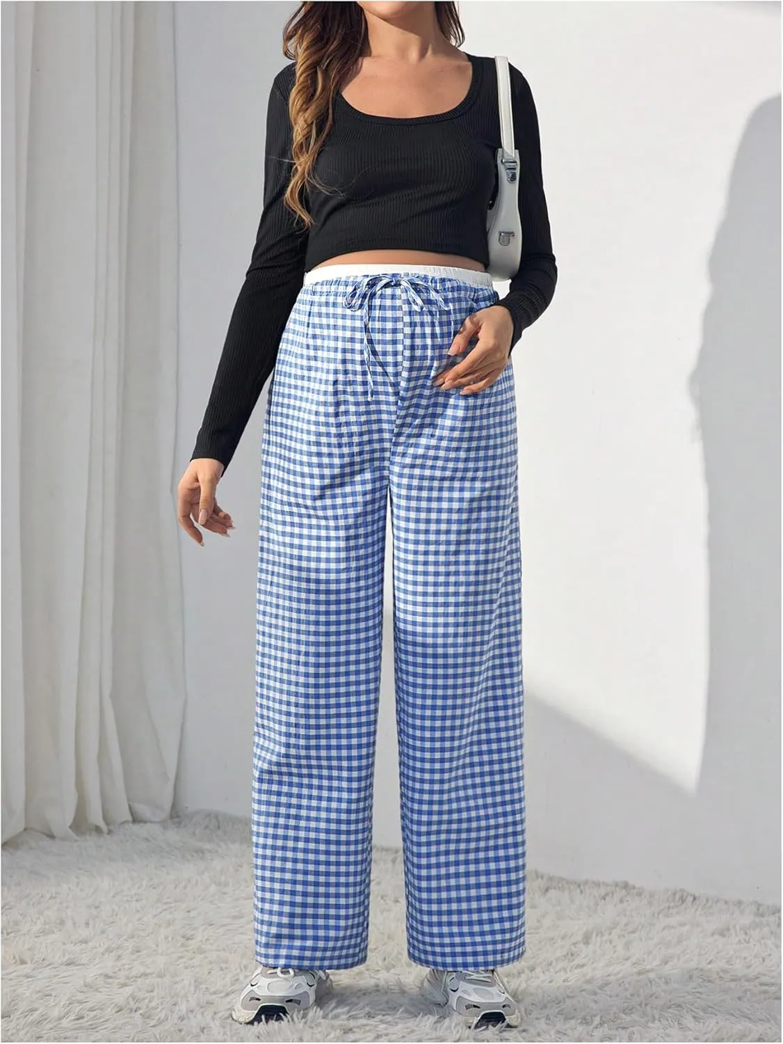 MakeMeChic Women's Maternity Gingham Plaid Pants High Waist Drawstring Straight Pregnancy Trousers