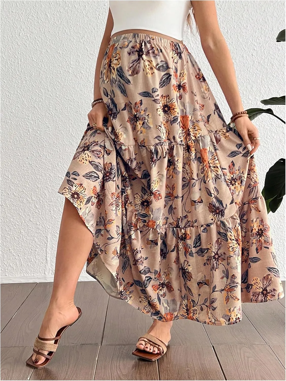 MakeMeChic Women's Maternity Skirt Floral Elastic Waist Ruffle Hem Layered Pregnancy Maxi Skirts