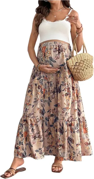 MakeMeChic Women's Maternity Skirt Floral Elastic Waist Ruffle Hem Layered Pregnancy Maxi Skirts