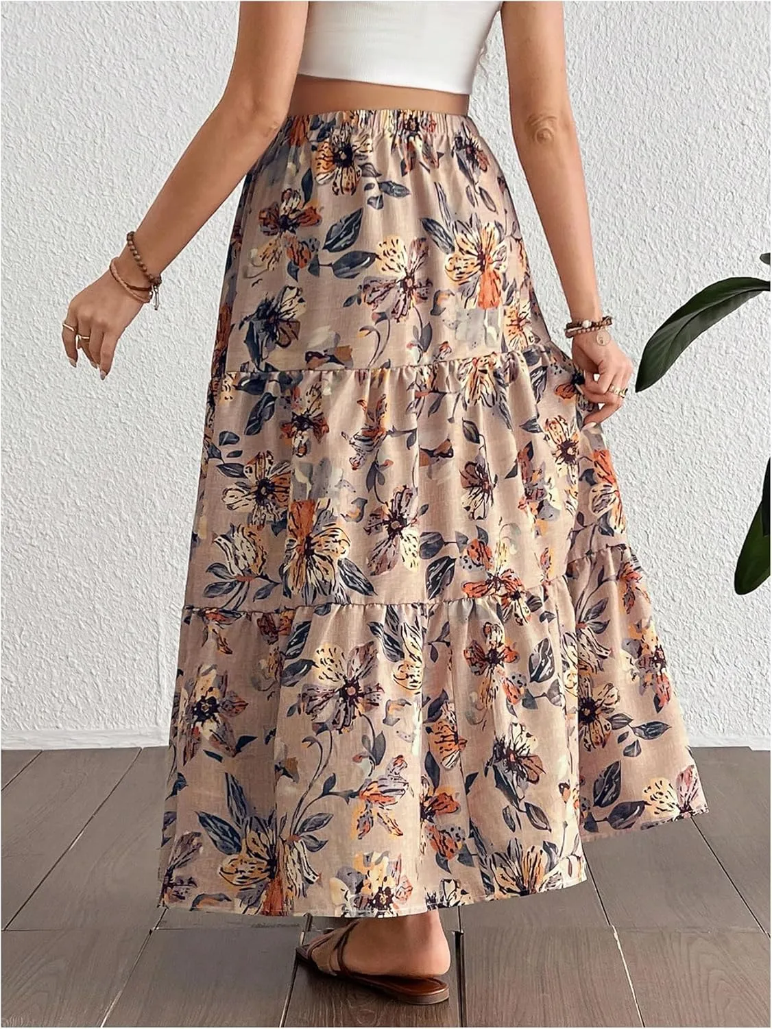 MakeMeChic Women's Maternity Skirt Floral Elastic Waist Ruffle Hem Layered Pregnancy Maxi Skirts