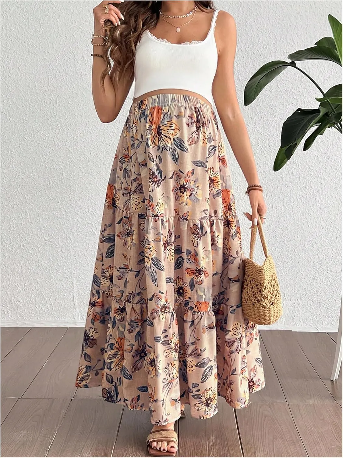 MakeMeChic Women's Maternity Skirt Floral Elastic Waist Ruffle Hem Layered Pregnancy Maxi Skirts