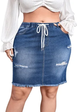 MakeMeChic Women's Plus Size Denim Skirt High Waisted Elastic Drawstring Waist Raw Hem Ripped Vintage Short Jean Skirt