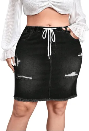 MakeMeChic Women's Plus Size Denim Skirt High Waisted Elastic Drawstring Waist Raw Hem Ripped Vintage Short Jean Skirt