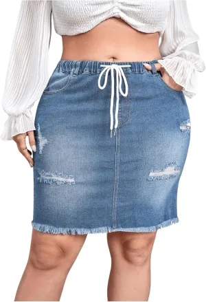 MakeMeChic Women's Plus Size Denim Skirt High Waisted Elastic Drawstring Waist Raw Hem Ripped Vintage Short Jean Skirt