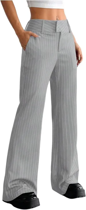 MakeMeChic Women's Striped Dressy Pants Straight Leg Work Office Long Trousers