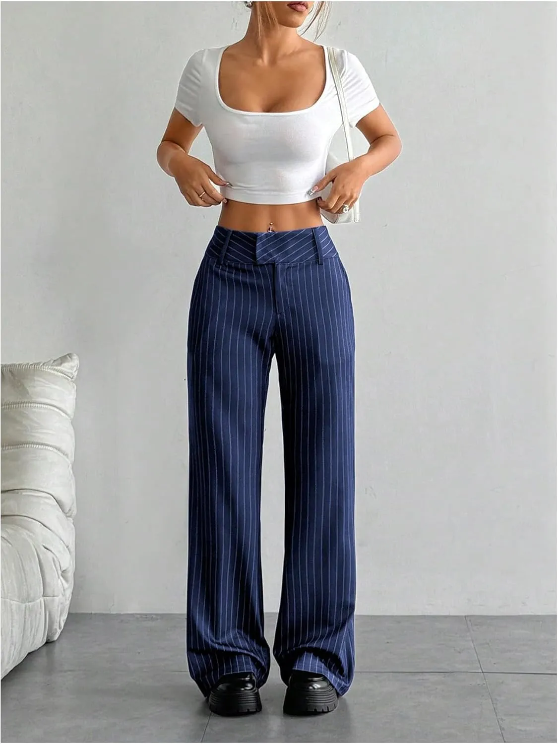 MakeMeChic Women's Striped Dressy Pants Straight Leg Work Office Long Trousers
