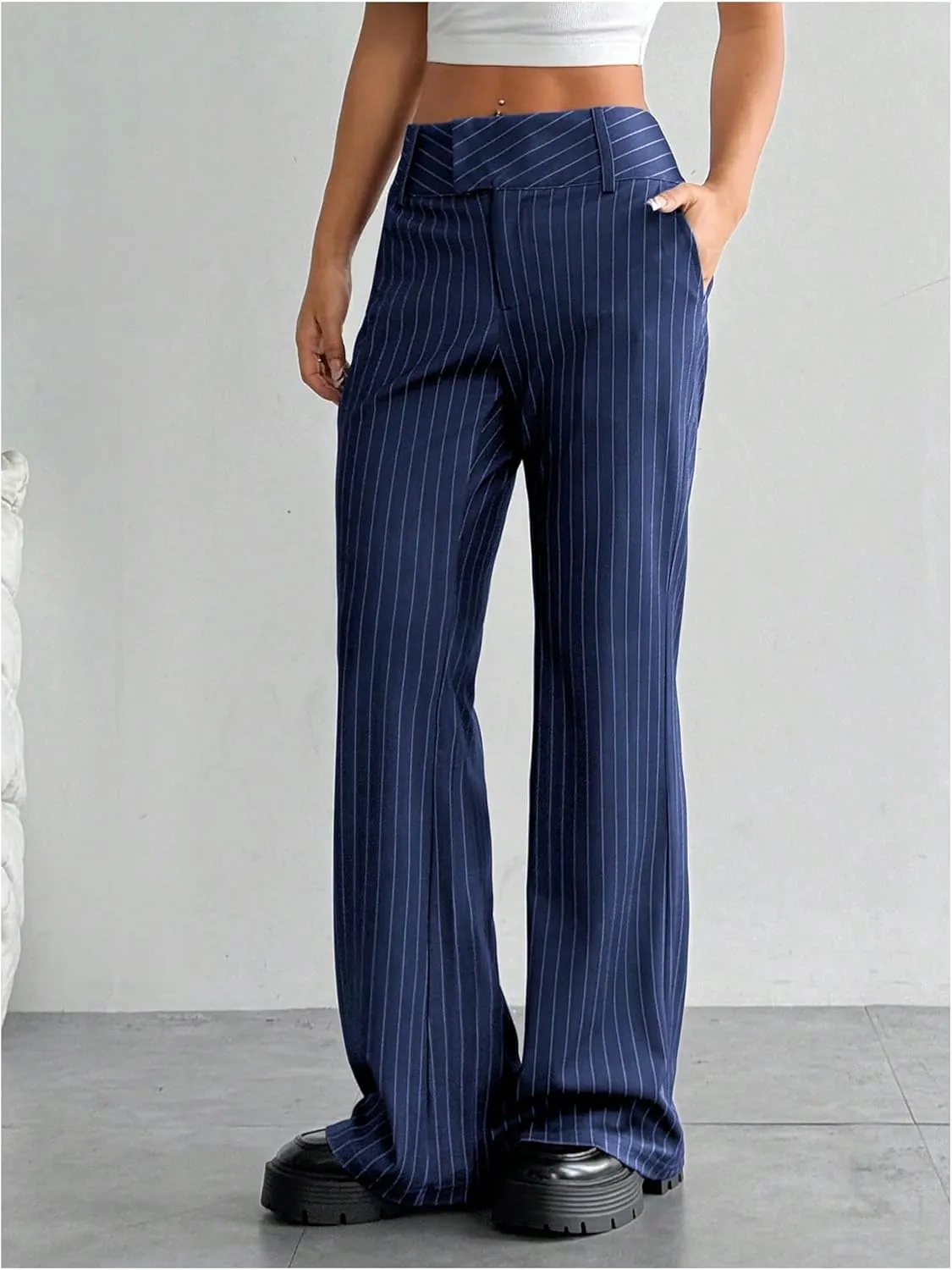 MakeMeChic Women's Striped Dressy Pants Straight Leg Work Office Long Trousers