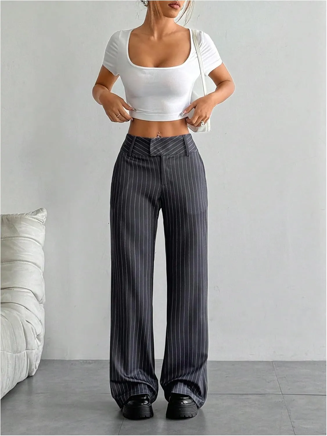 MakeMeChic Women's Striped Dressy Pants Straight Leg Work Office Long Trousers