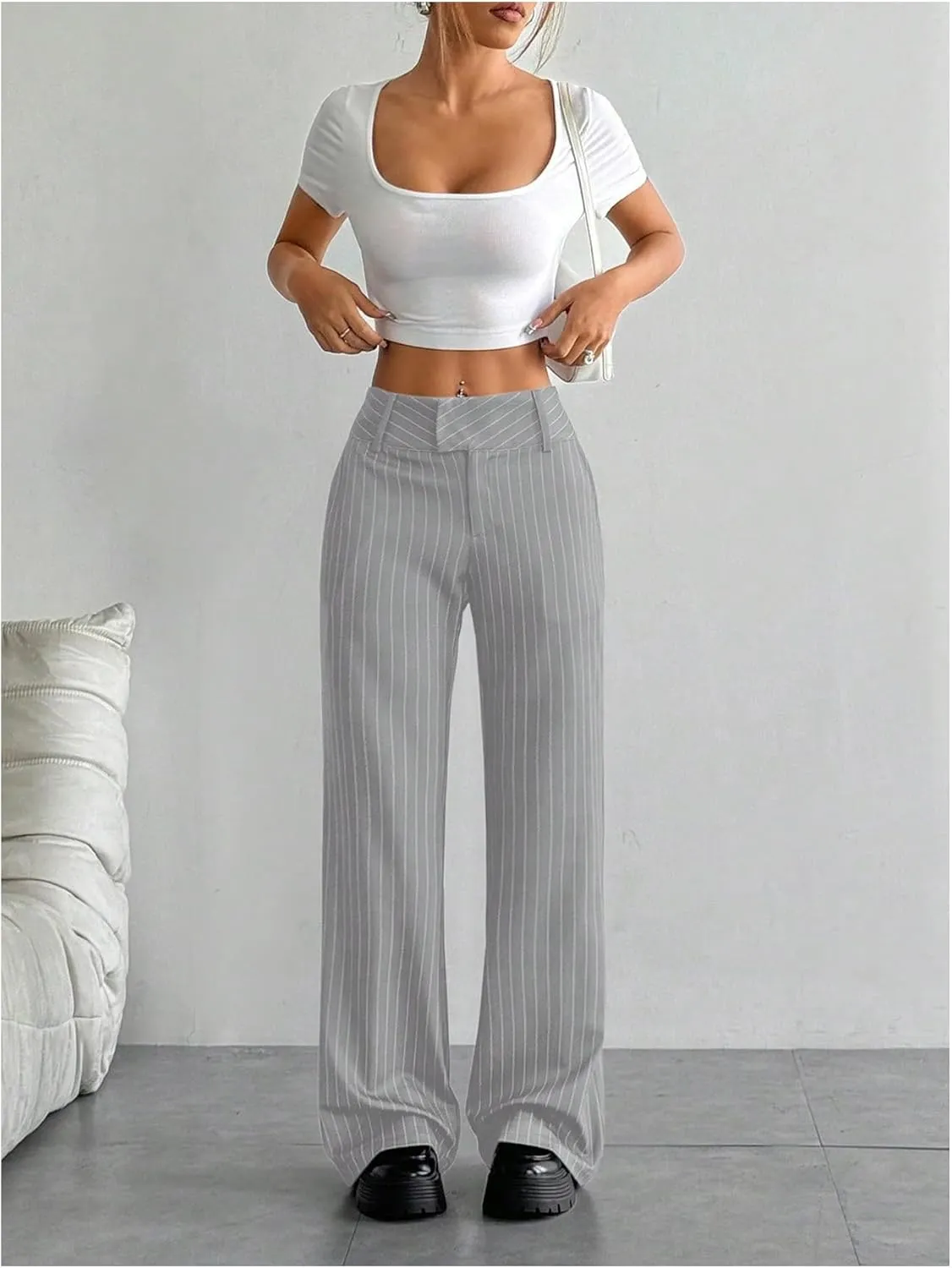 MakeMeChic Women's Striped Dressy Pants Straight Leg Work Office Long Trousers