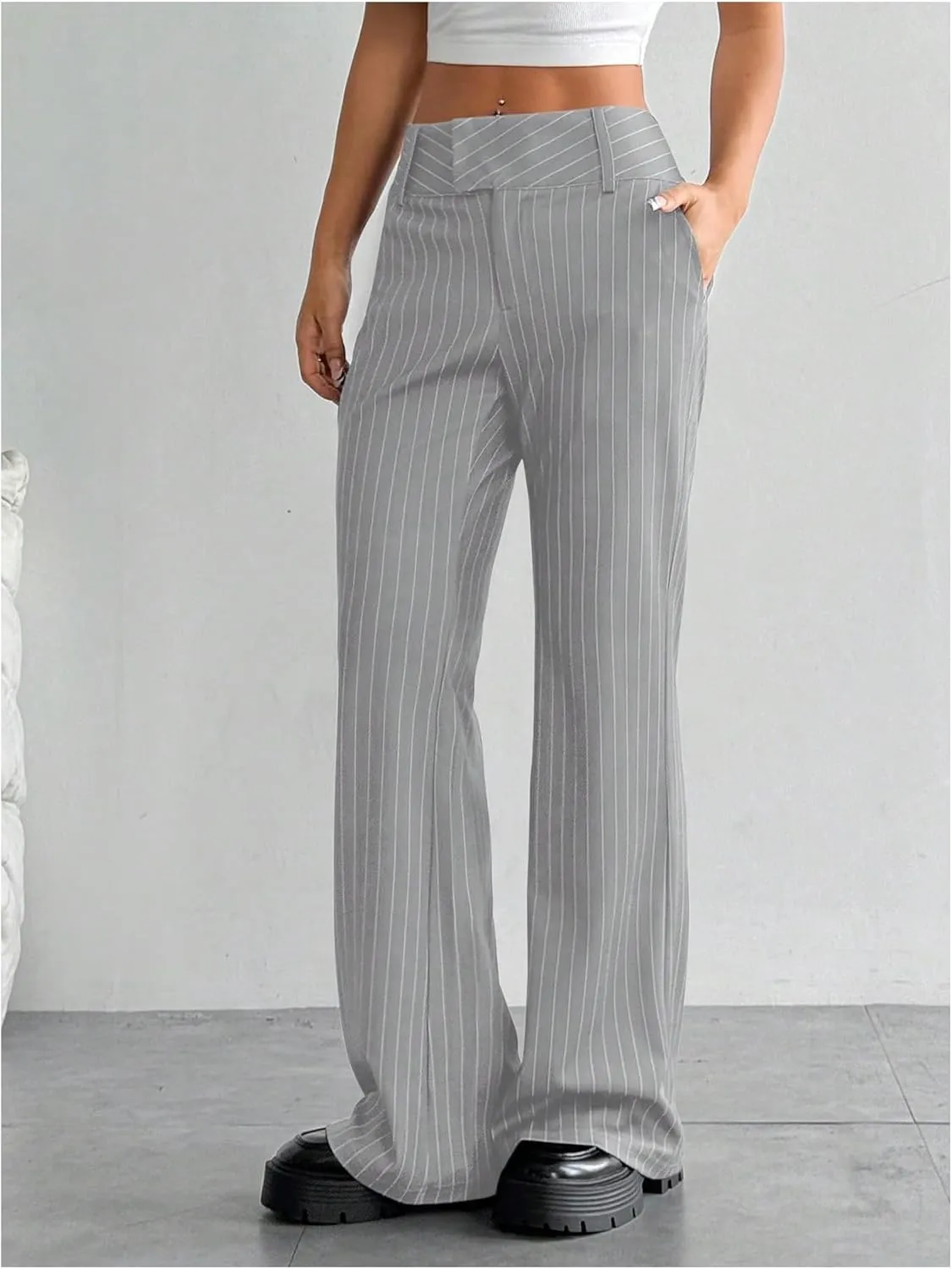 MakeMeChic Women's Striped Dressy Pants Straight Leg Work Office Long Trousers