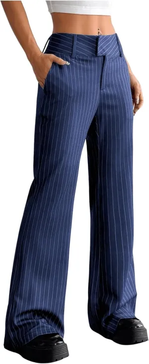 MakeMeChic Women's Striped Dressy Pants Straight Leg Work Office Long Trousers