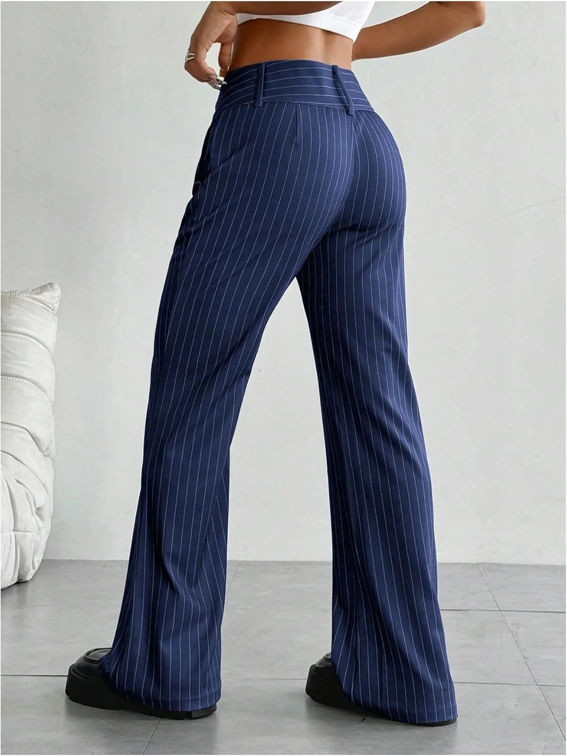 MakeMeChic Women's Striped Dressy Pants Straight Leg Work Office Long Trousers