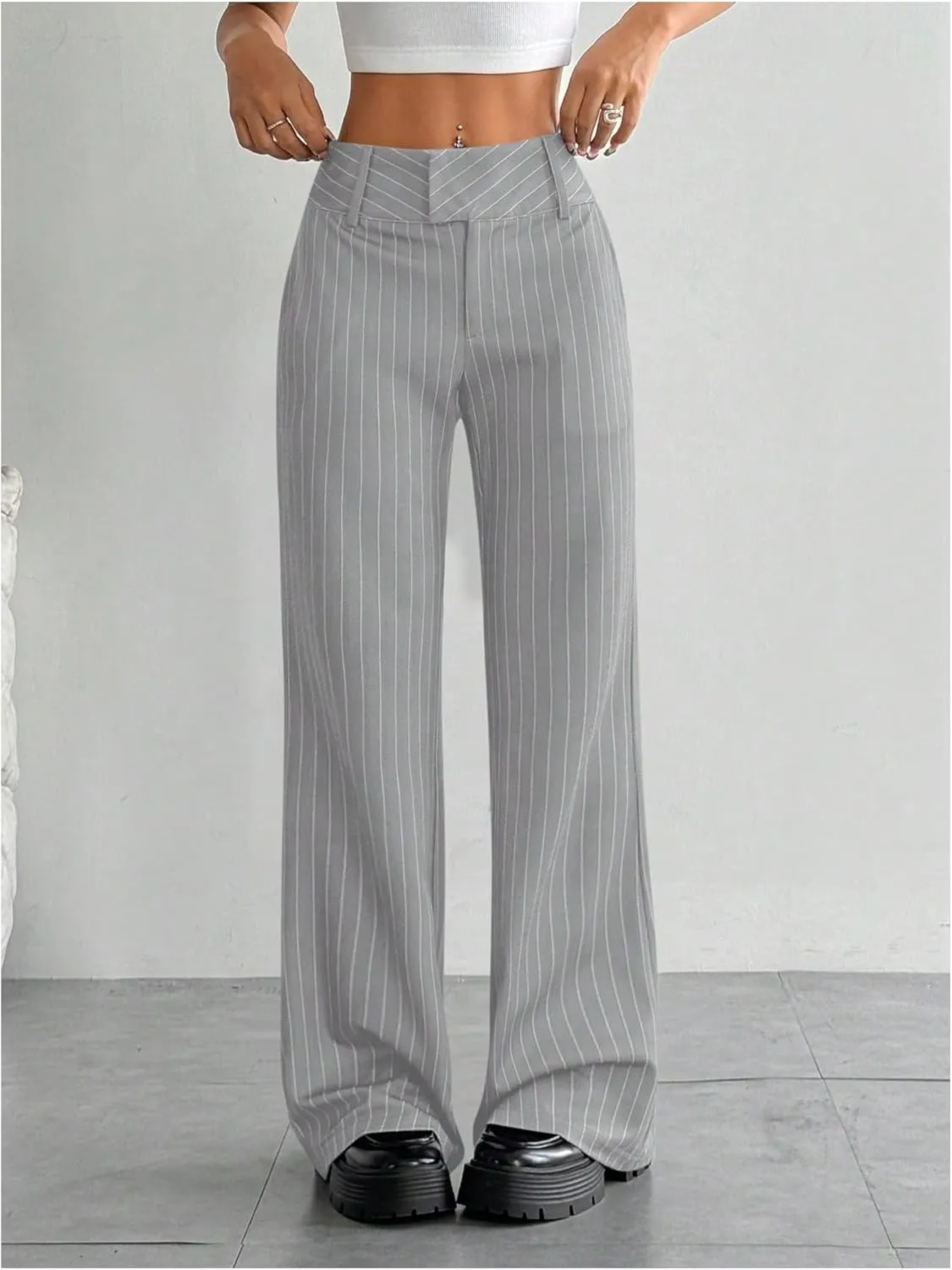 MakeMeChic Women's Striped Dressy Pants Straight Leg Work Office Long Trousers