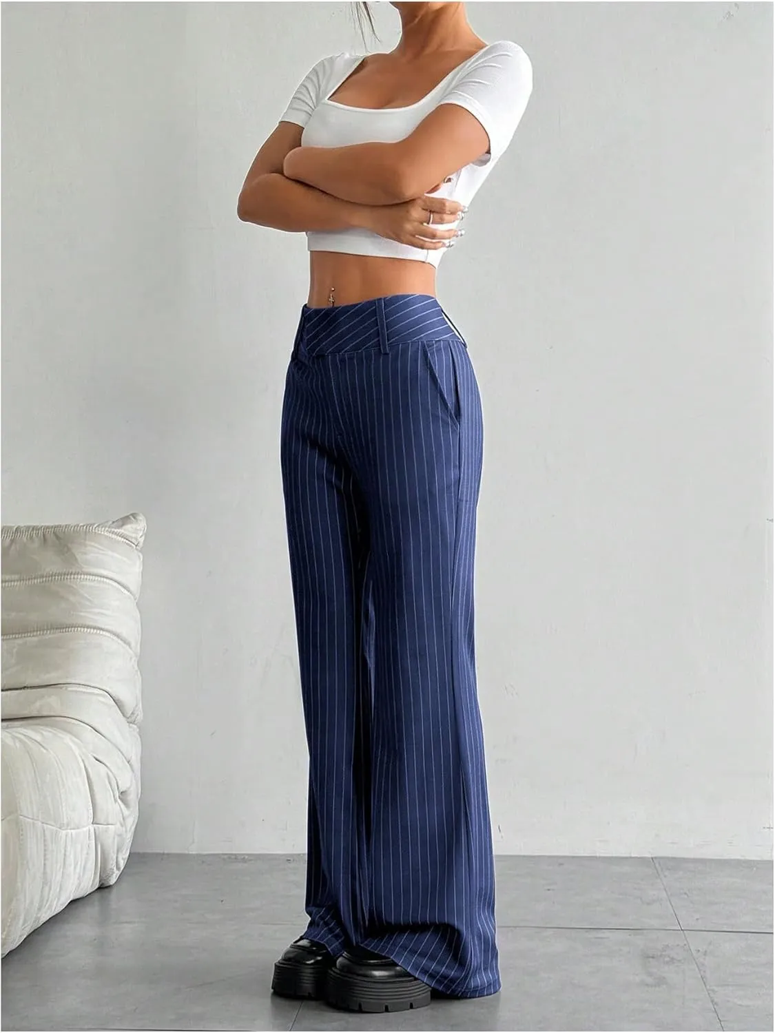 MakeMeChic Women's Striped Dressy Pants Straight Leg Work Office Long Trousers