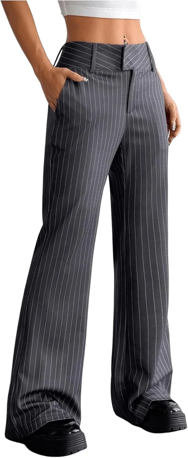 MakeMeChic Women's Striped Dressy Pants Straight Leg Work Office Long Trousers