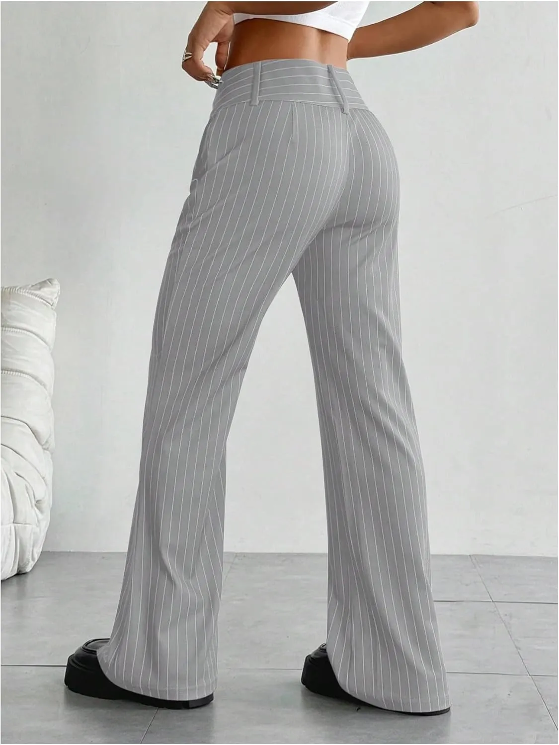 MakeMeChic Women's Striped Dressy Pants Straight Leg Work Office Long Trousers