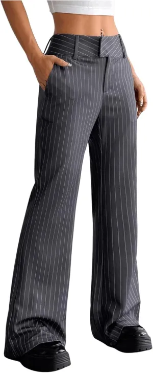 MakeMeChic Women's Striped Dressy Pants Straight Leg Work Office Long Trousers