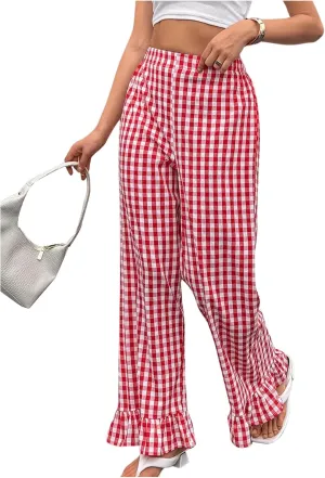 MakeMeChic Women's Y2K Gingham Wide Leg Pants Elastic Waist Ruffle Hem Loose Trousers Loungewear