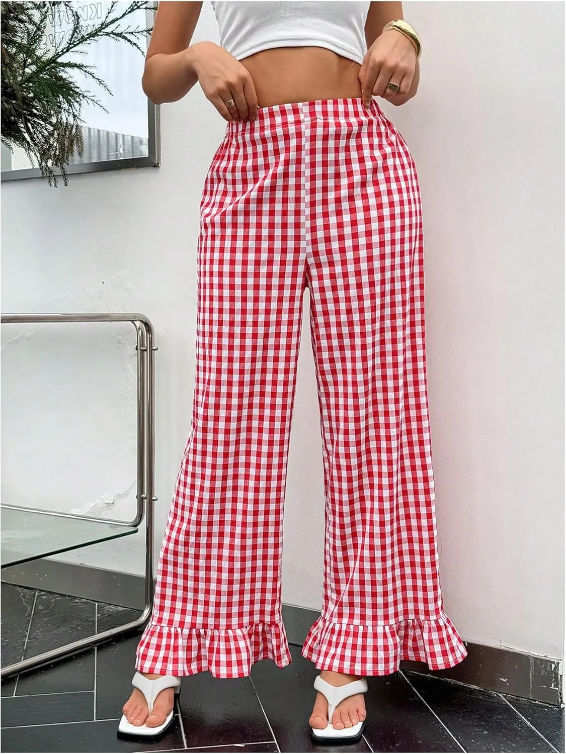 MakeMeChic Women's Y2K Gingham Wide Leg Pants Elastic Waist Ruffle Hem Loose Trousers Loungewear