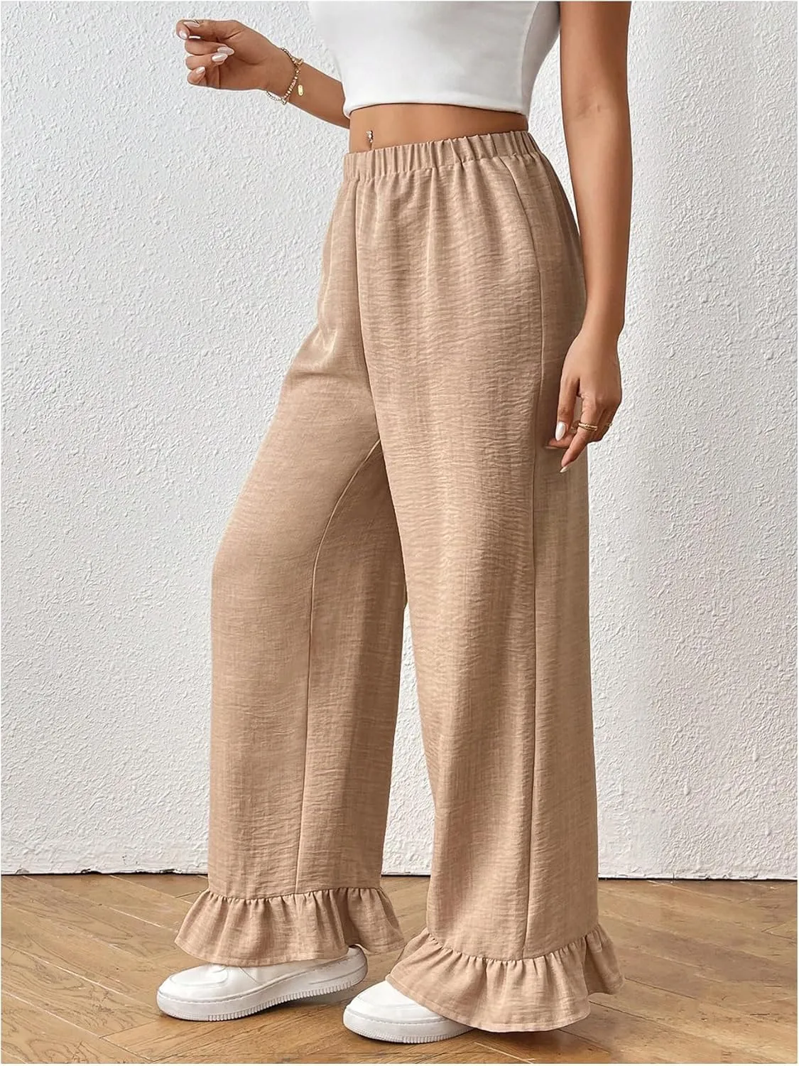MakeMeChic Women's Y2K Gingham Wide Leg Pants Elastic Waist Ruffle Hem Loose Trousers Loungewear
