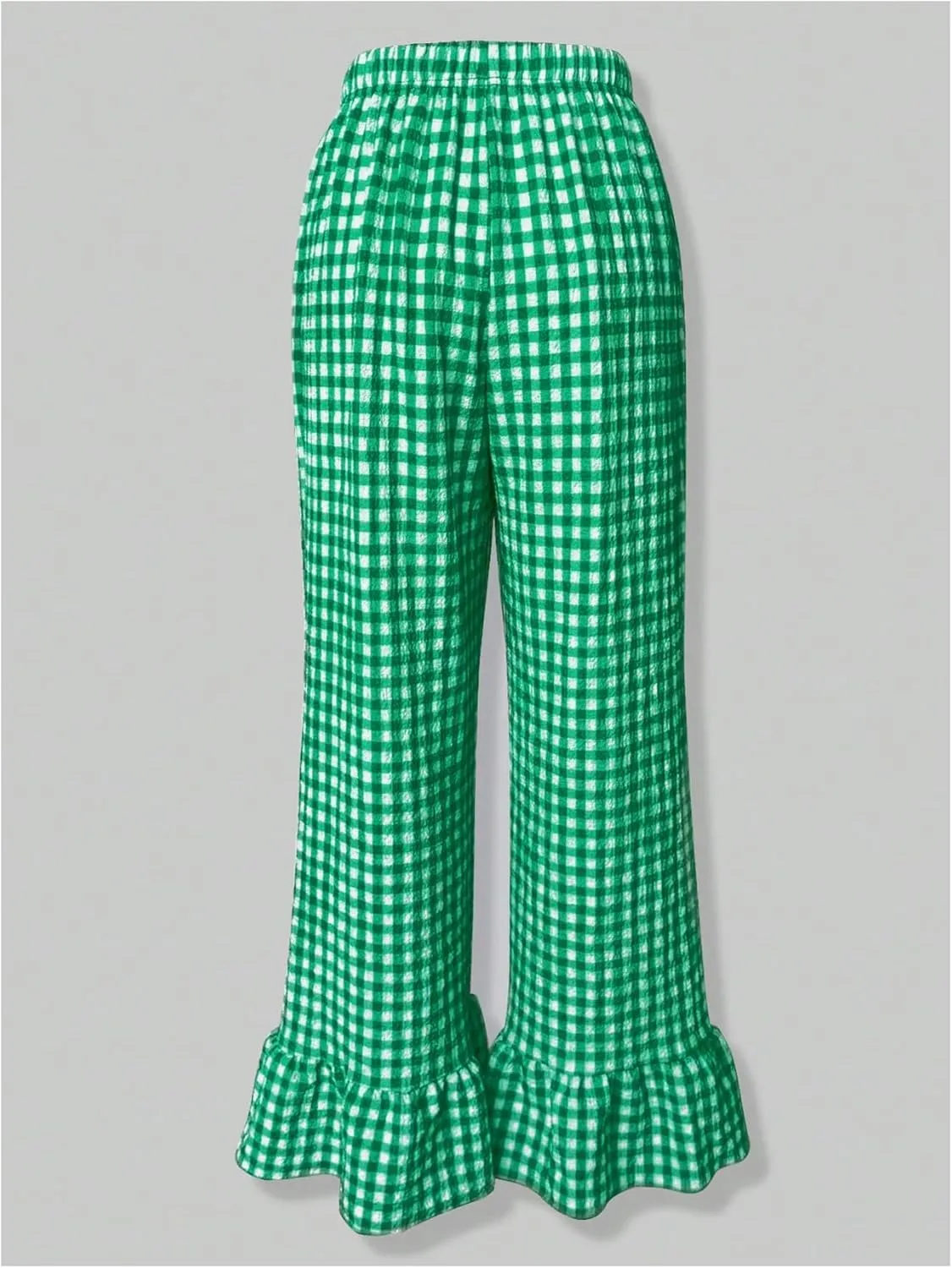 MakeMeChic Women's Y2K Gingham Wide Leg Pants Elastic Waist Ruffle Hem Loose Trousers Loungewear