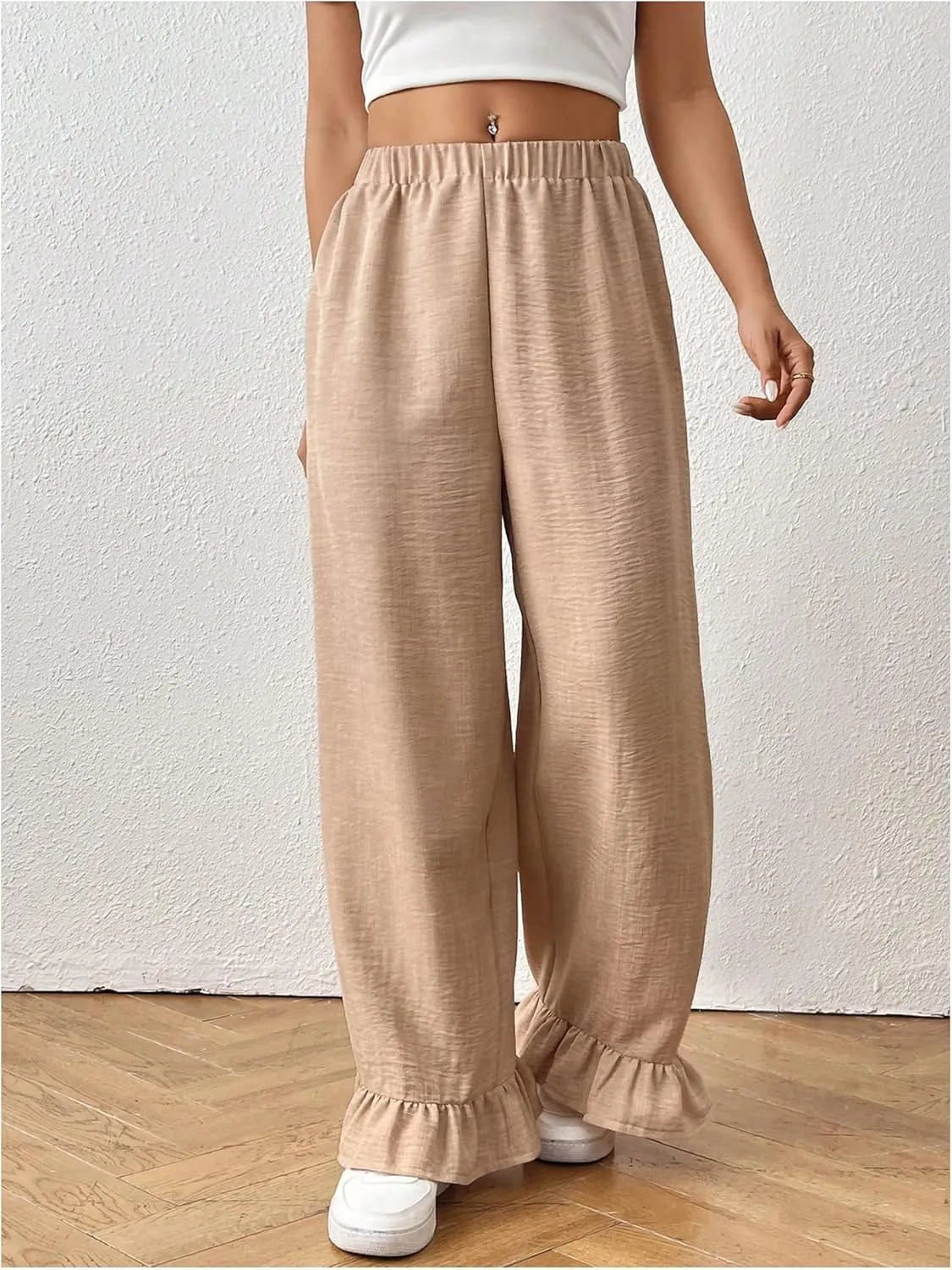 MakeMeChic Women's Y2K Gingham Wide Leg Pants Elastic Waist Ruffle Hem Loose Trousers Loungewear