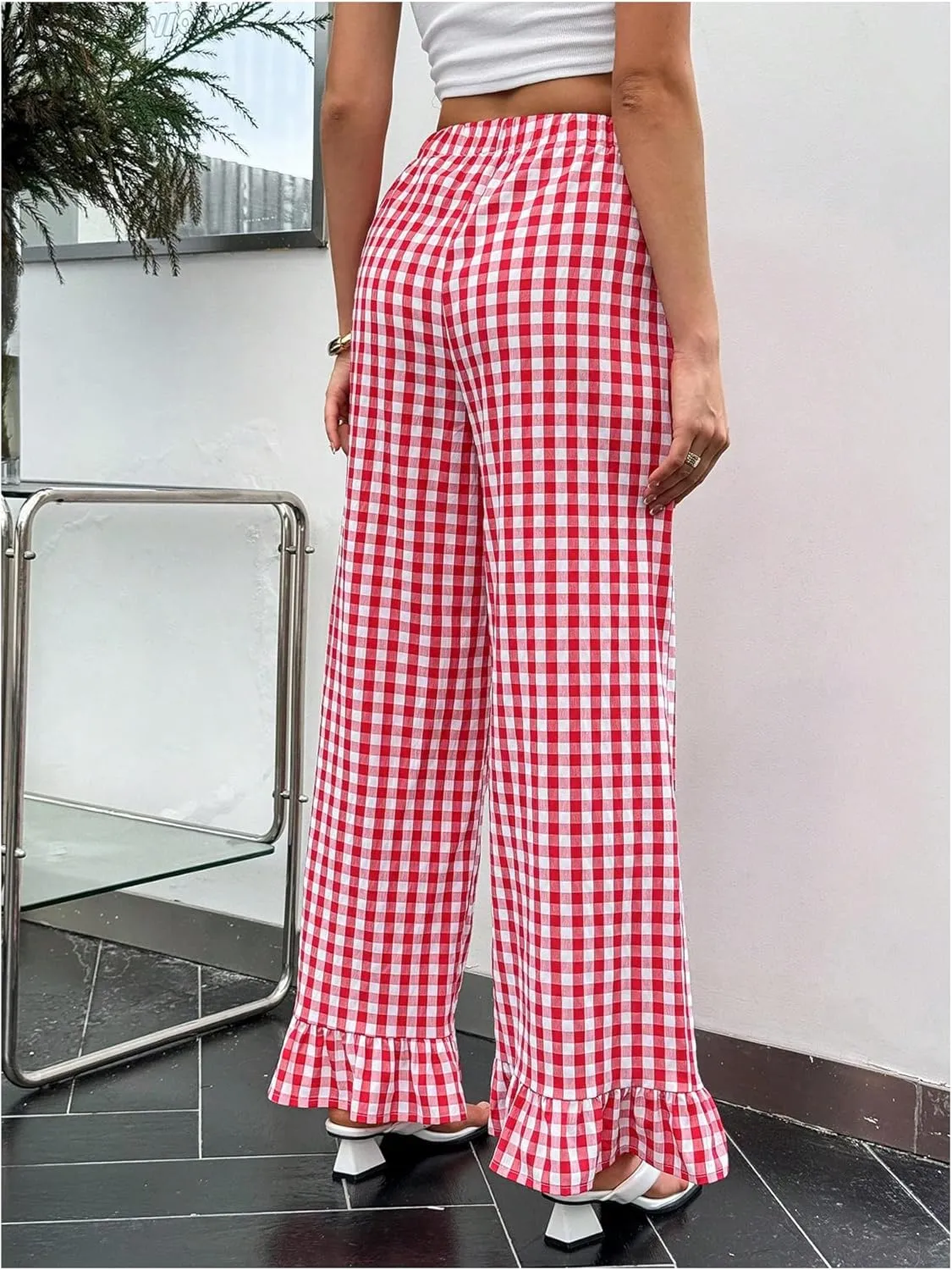 MakeMeChic Women's Y2K Gingham Wide Leg Pants Elastic Waist Ruffle Hem Loose Trousers Loungewear