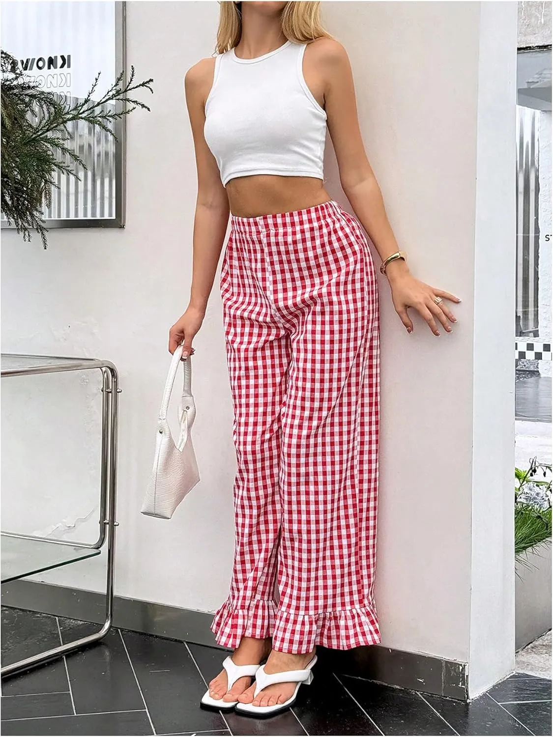MakeMeChic Women's Y2K Gingham Wide Leg Pants Elastic Waist Ruffle Hem Loose Trousers Loungewear