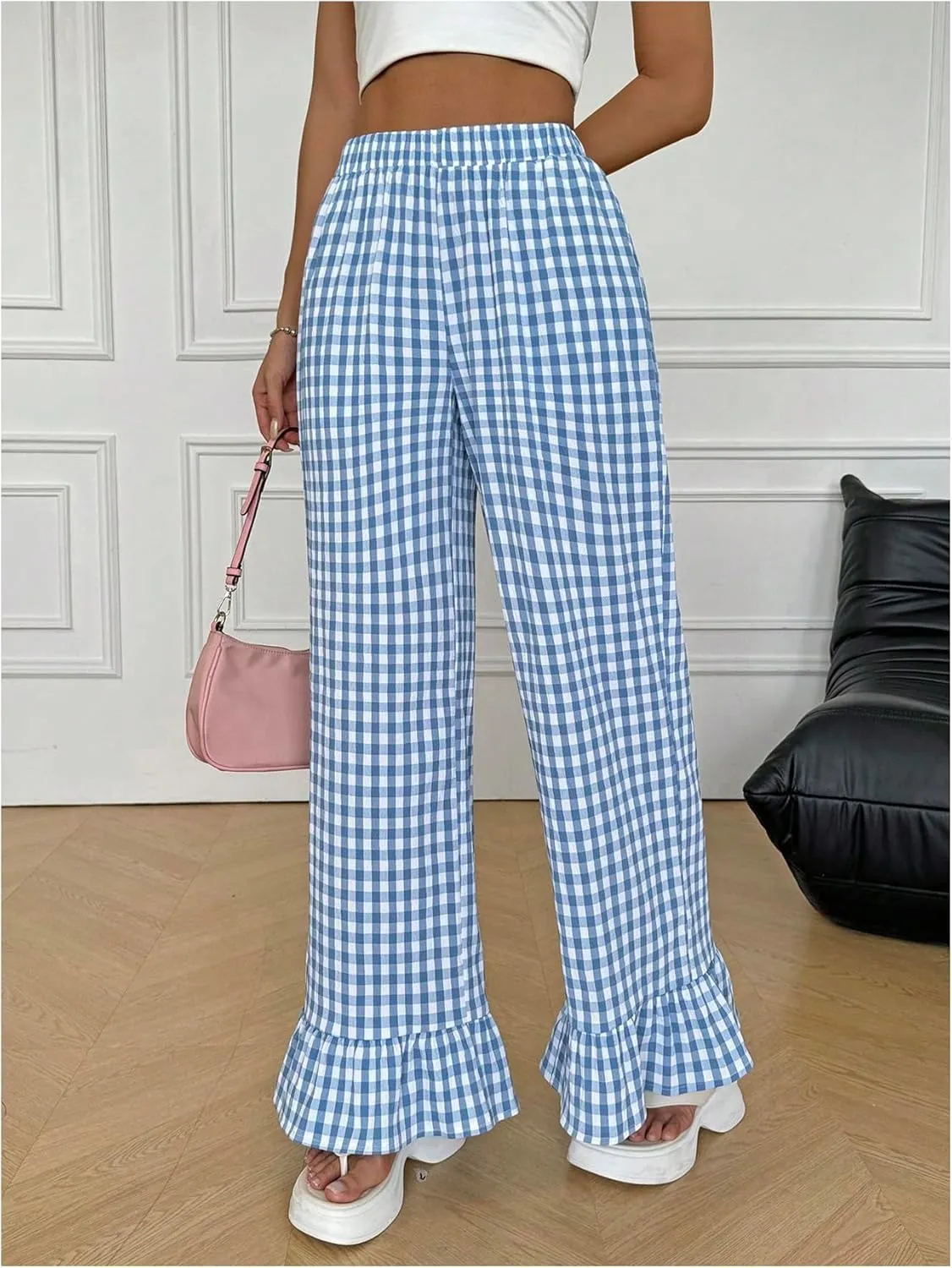 MakeMeChic Women's Y2K Gingham Wide Leg Pants Elastic Waist Ruffle Hem Loose Trousers Loungewear