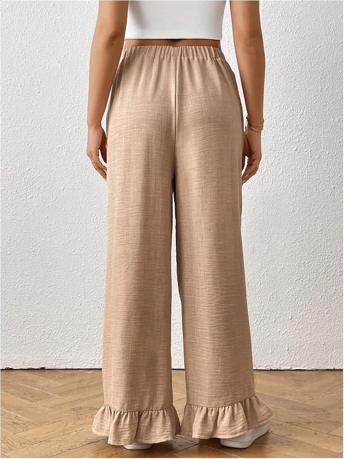 MakeMeChic Women's Y2K Gingham Wide Leg Pants Elastic Waist Ruffle Hem Loose Trousers Loungewear
