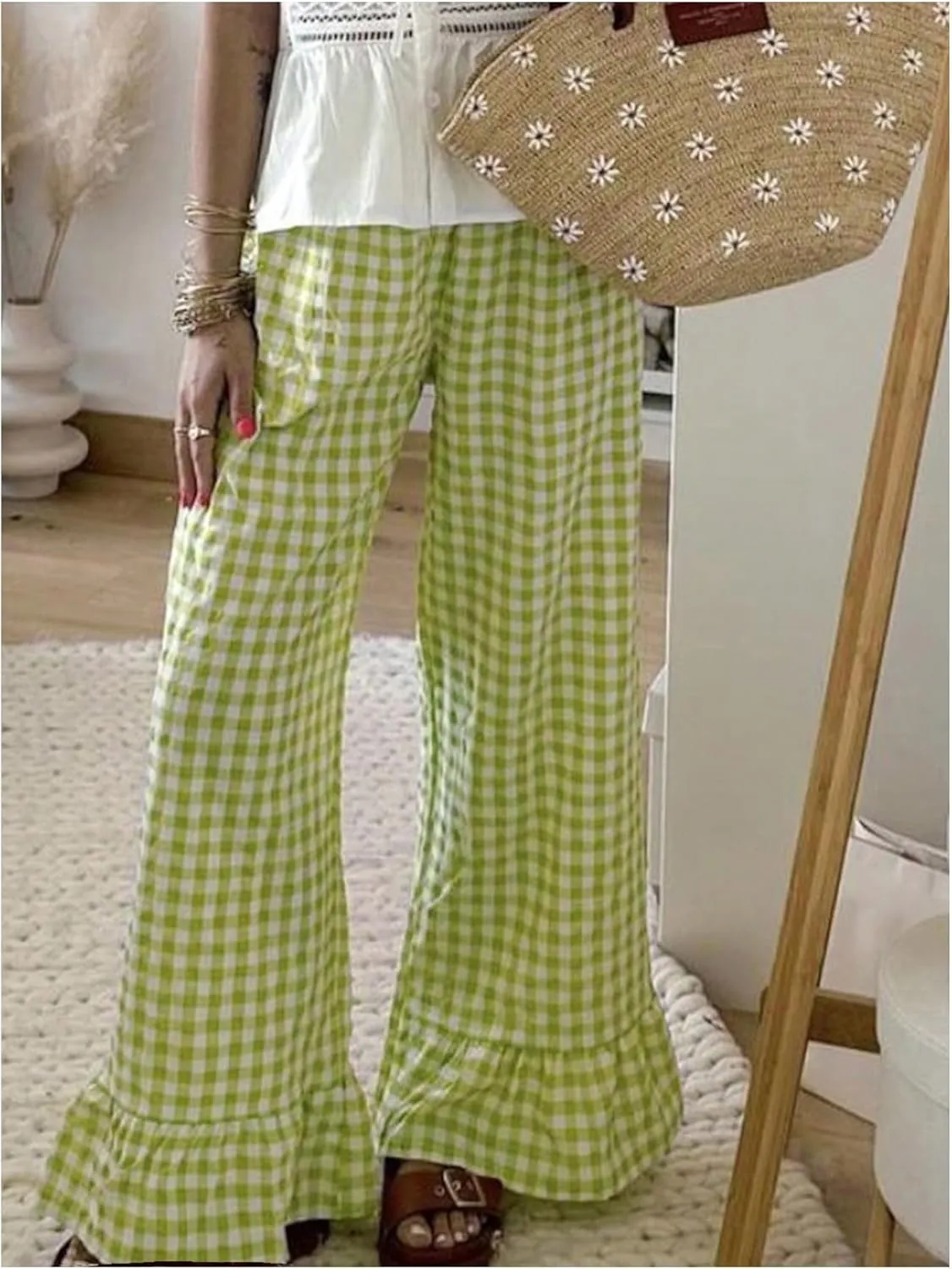 MakeMeChic Women's Y2K Gingham Wide Leg Pants Elastic Waist Ruffle Hem Loose Trousers Loungewear