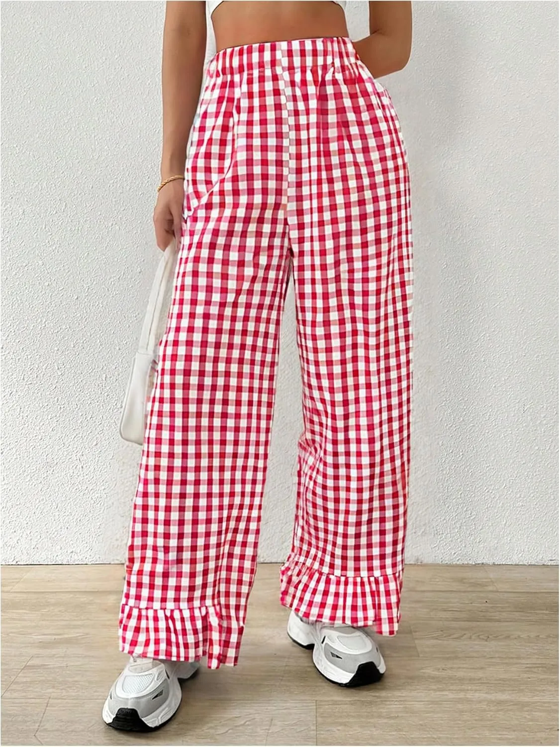 MakeMeChic Women's Y2K Gingham Wide Leg Pants Elastic Waist Ruffle Hem Loose Trousers Loungewear
