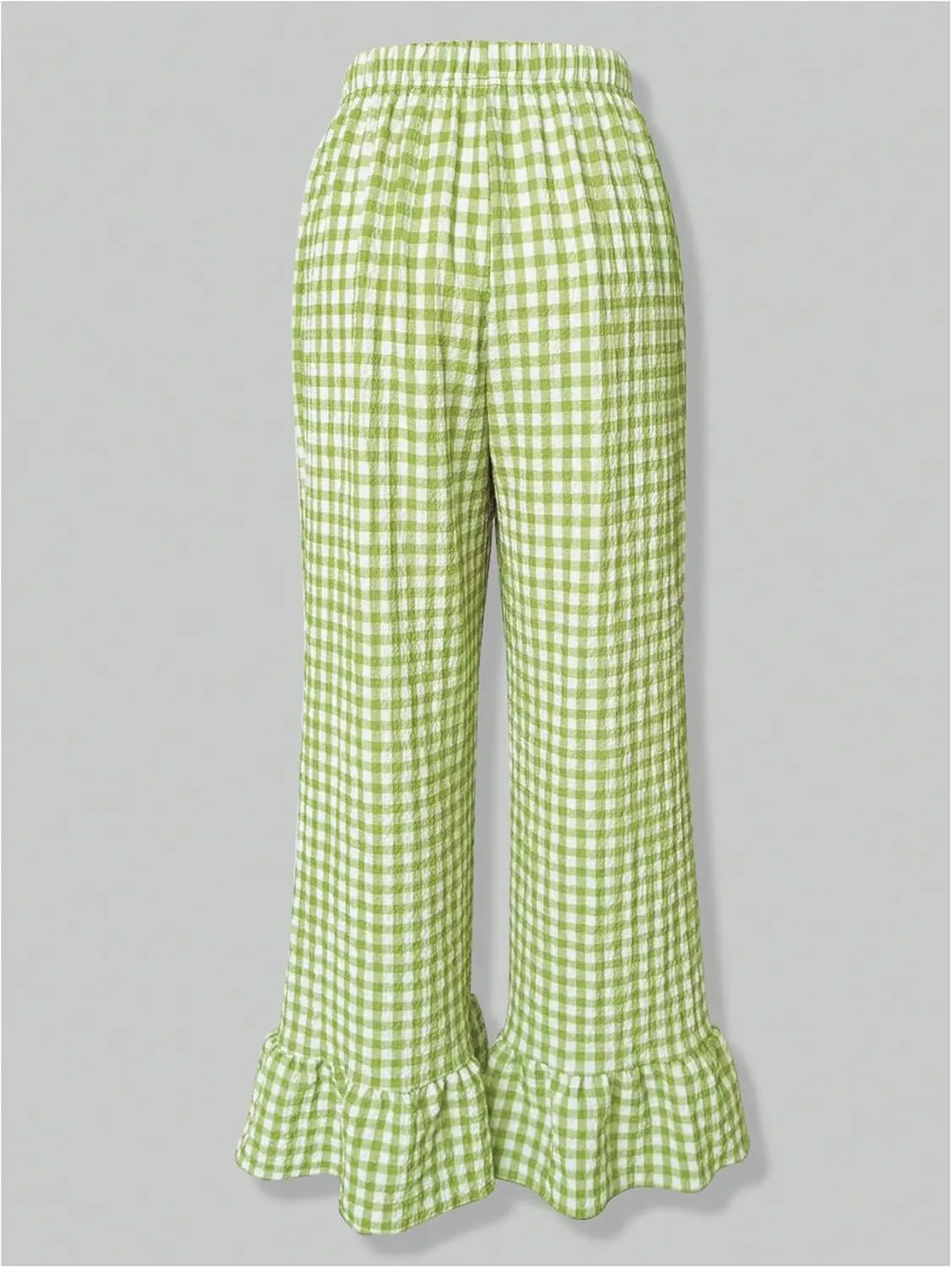 MakeMeChic Women's Y2K Gingham Wide Leg Pants Elastic Waist Ruffle Hem Loose Trousers Loungewear