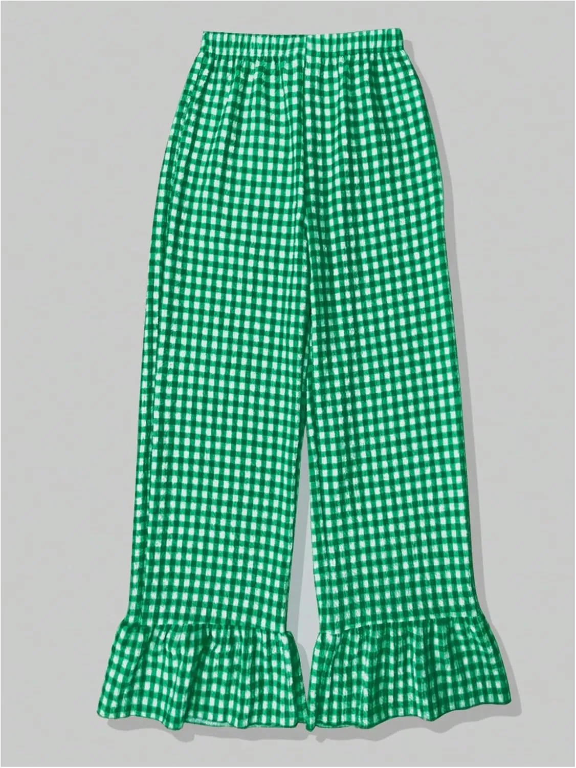 MakeMeChic Women's Y2K Gingham Wide Leg Pants Elastic Waist Ruffle Hem Loose Trousers Loungewear
