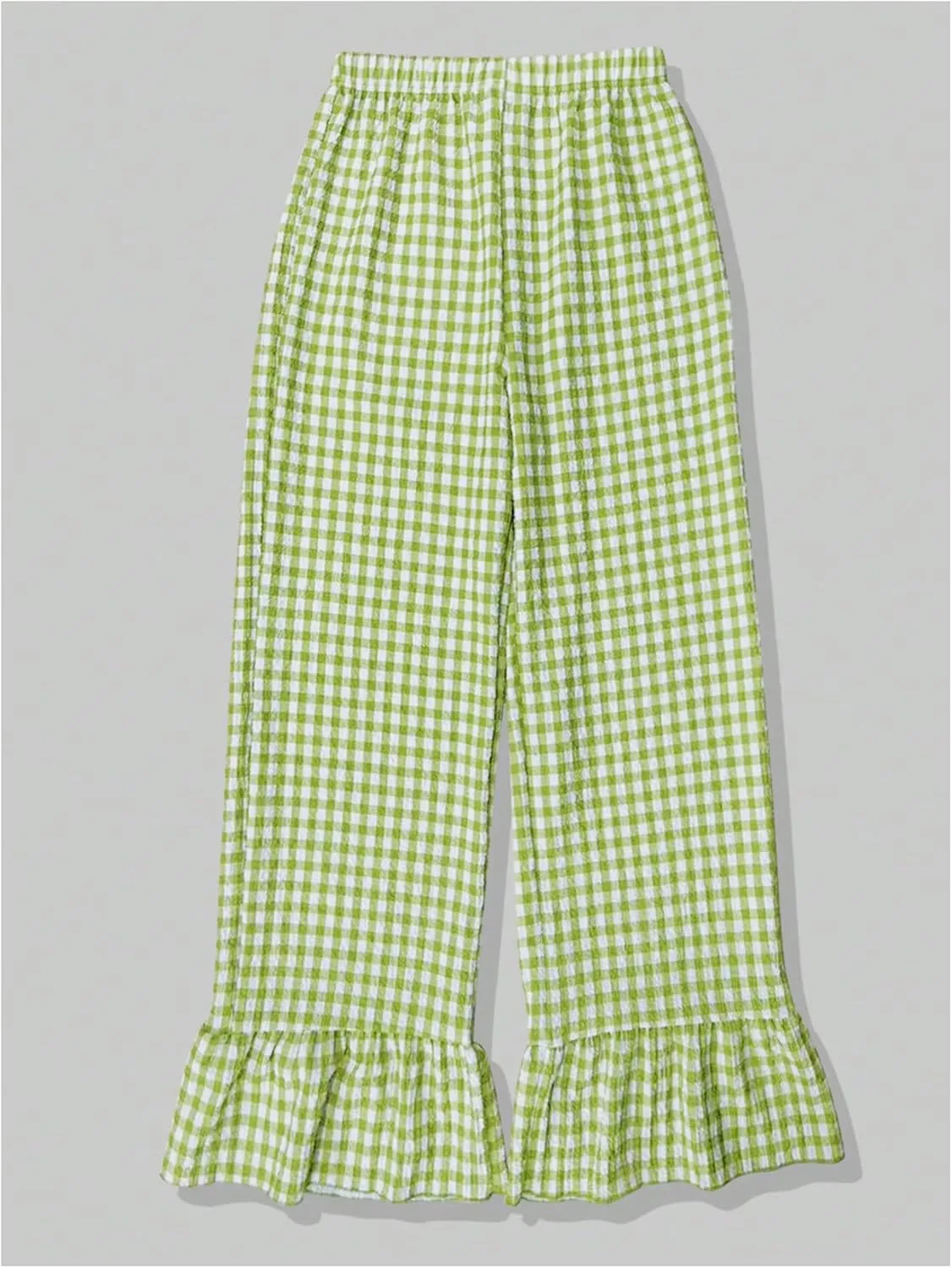 MakeMeChic Women's Y2K Gingham Wide Leg Pants Elastic Waist Ruffle Hem Loose Trousers Loungewear