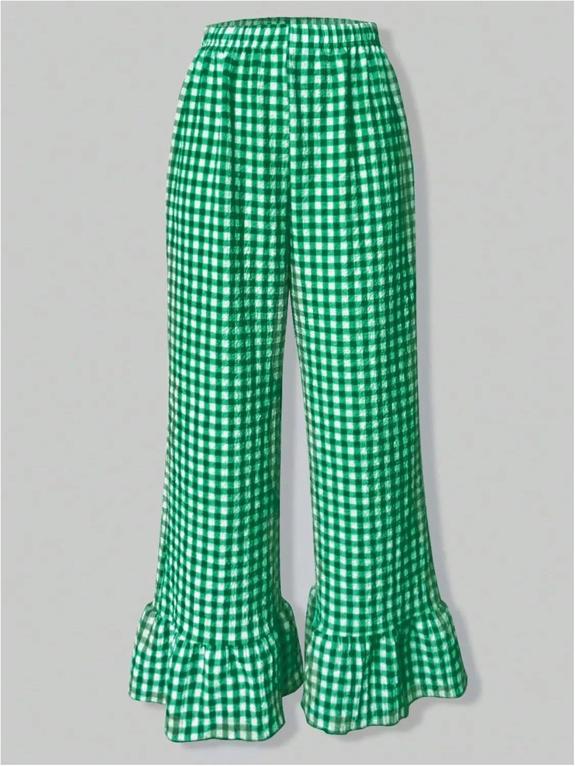MakeMeChic Women's Y2K Gingham Wide Leg Pants Elastic Waist Ruffle Hem Loose Trousers Loungewear