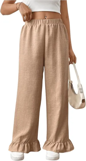 MakeMeChic Women's Y2K Gingham Wide Leg Pants Elastic Waist Ruffle Hem Loose Trousers Loungewear