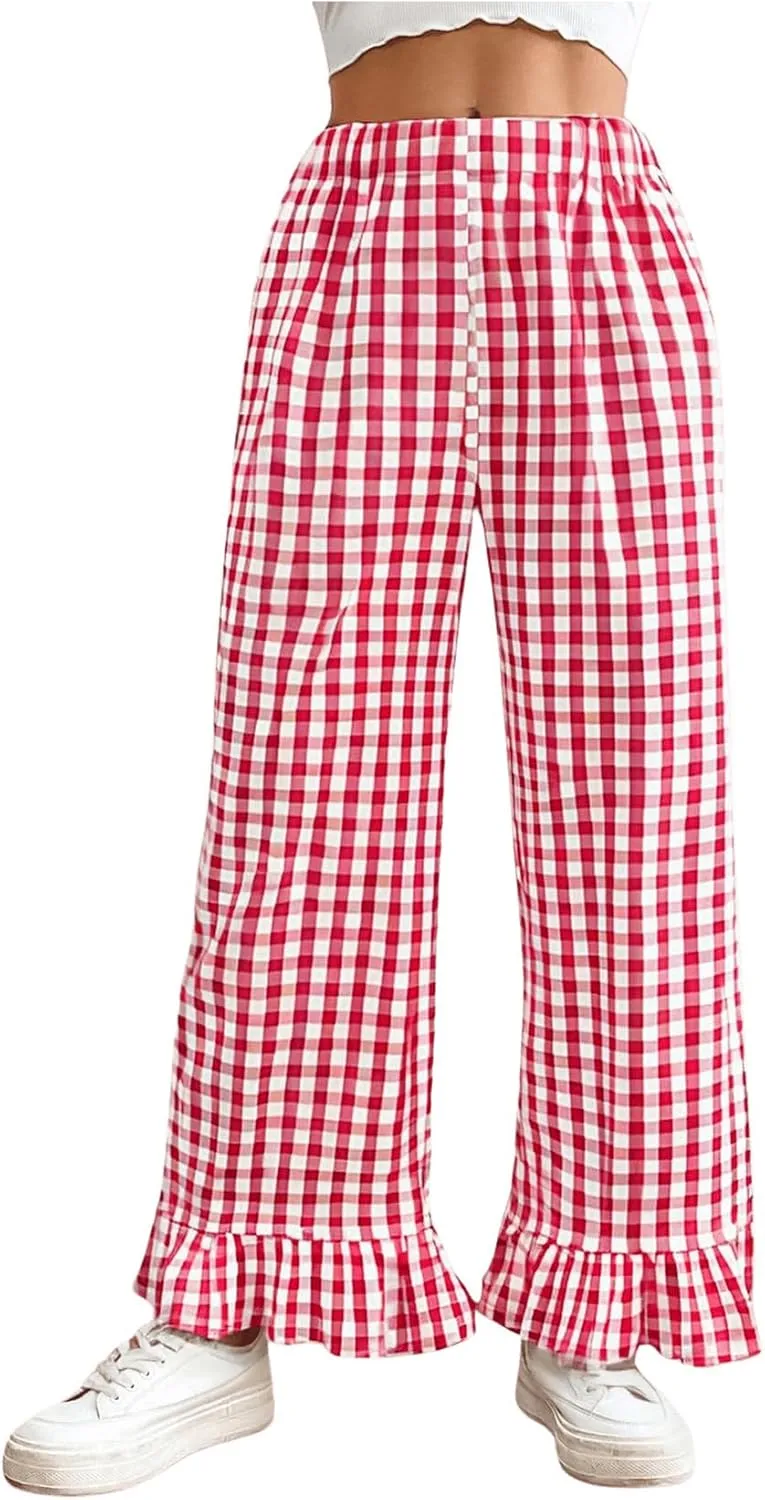 MakeMeChic Women's Y2K Gingham Wide Leg Pants Elastic Waist Ruffle Hem Loose Trousers Loungewear