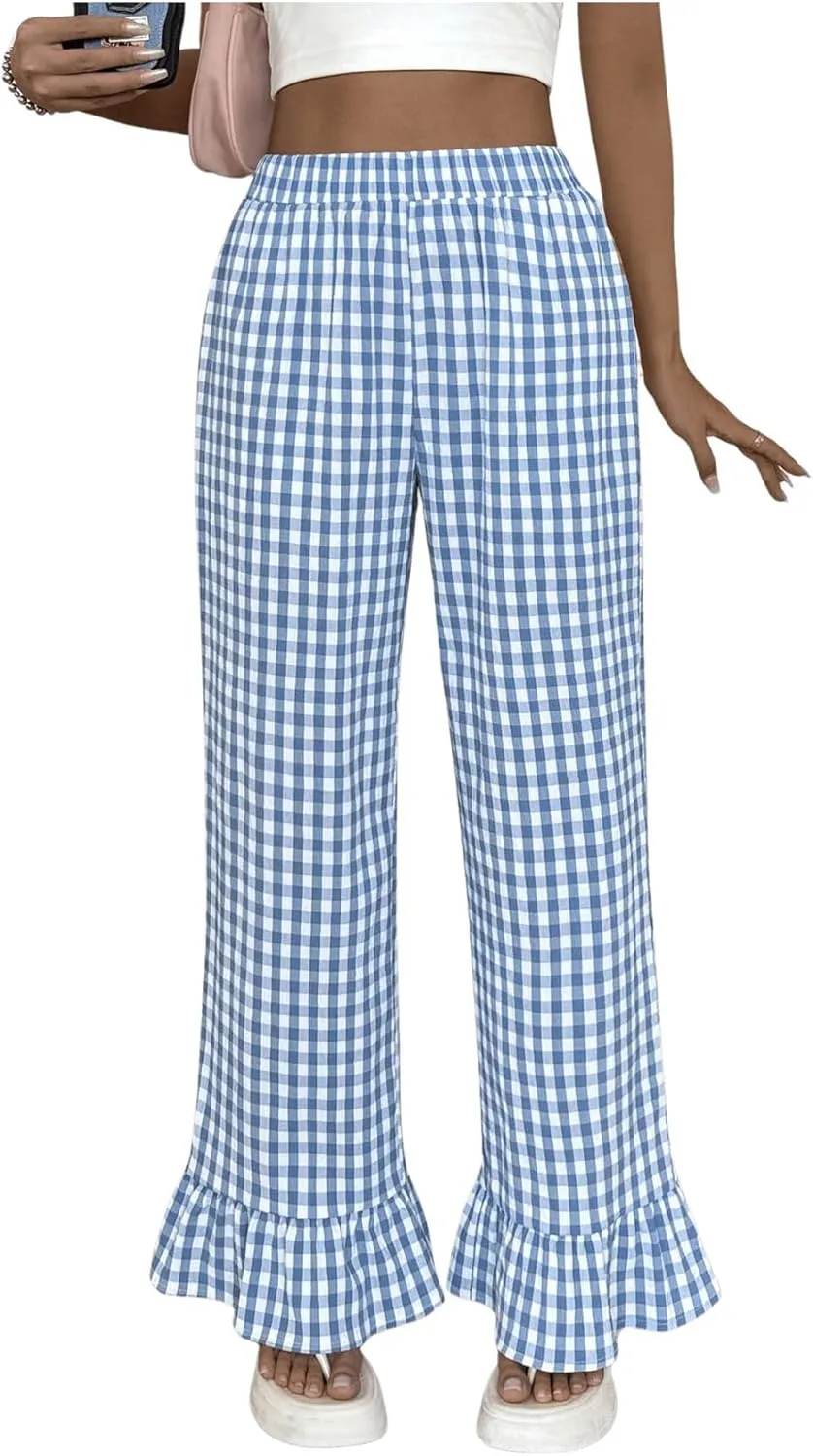 MakeMeChic Women's Y2K Gingham Wide Leg Pants Elastic Waist Ruffle Hem Loose Trousers Loungewear