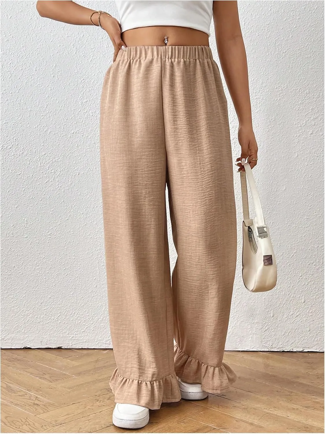 MakeMeChic Women's Y2K Gingham Wide Leg Pants Elastic Waist Ruffle Hem Loose Trousers Loungewear