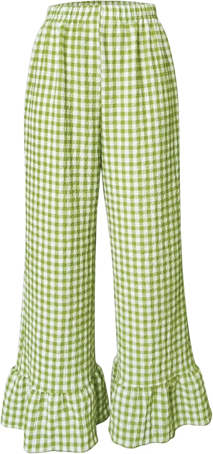 MakeMeChic Women's Y2K Gingham Wide Leg Pants Elastic Waist Ruffle Hem Loose Trousers Loungewear