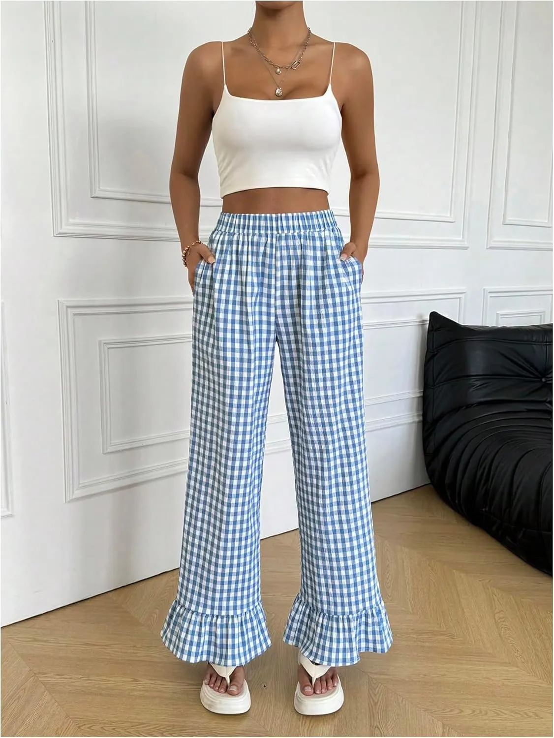 MakeMeChic Women's Y2K Gingham Wide Leg Pants Elastic Waist Ruffle Hem Loose Trousers Loungewear