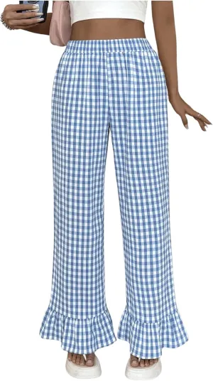 MakeMeChic Women's Y2K Gingham Wide Leg Pants Elastic Waist Ruffle Hem Loose Trousers Loungewear