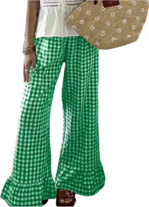 MakeMeChic Women's Y2K Gingham Wide Leg Pants Elastic Waist Ruffle Hem Loose Trousers Loungewear
