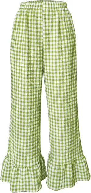 MakeMeChic Women's Y2K Gingham Wide Leg Pants Elastic Waist Ruffle Hem Loose Trousers Loungewear