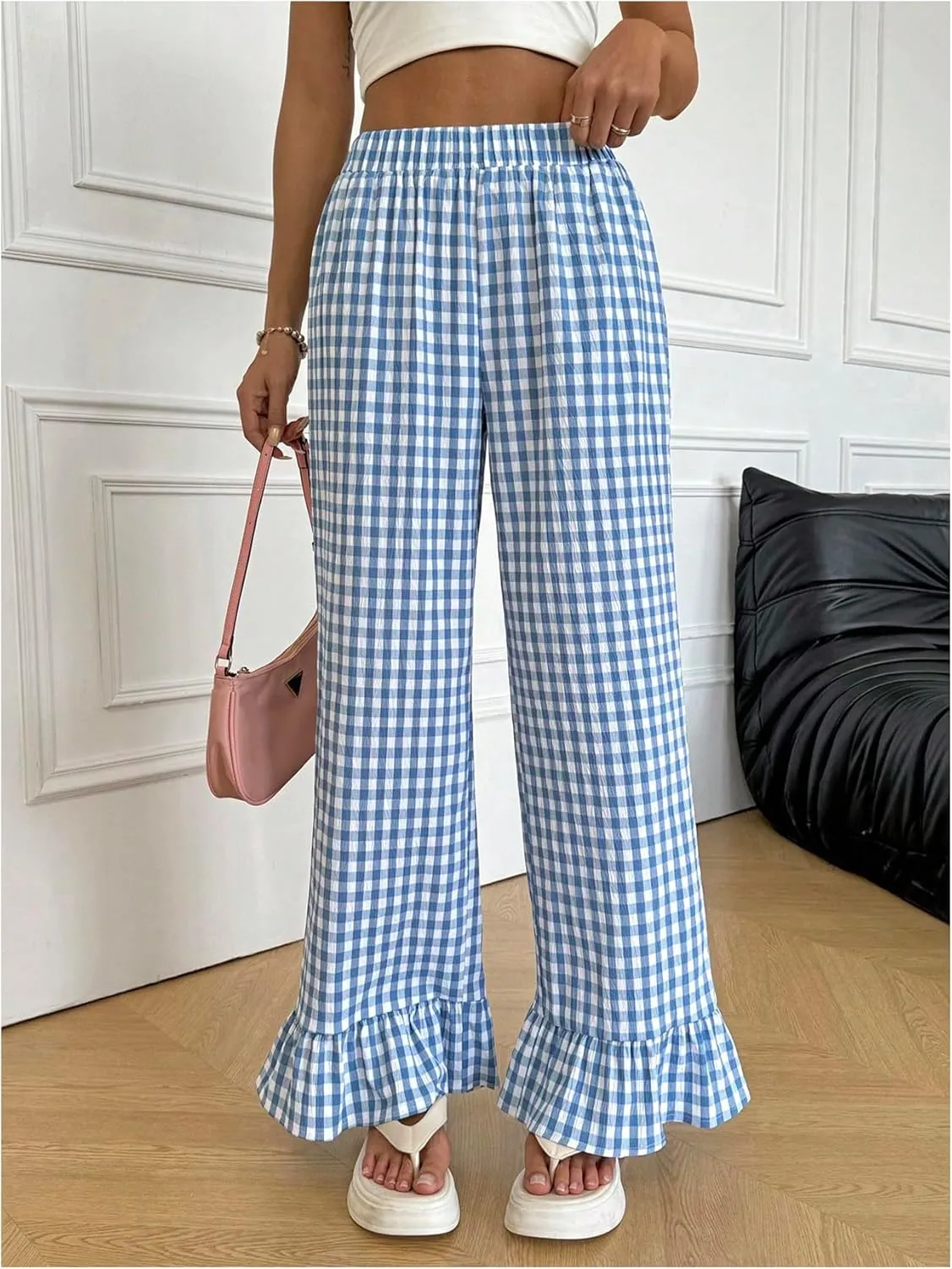 MakeMeChic Women's Y2K Gingham Wide Leg Pants Elastic Waist Ruffle Hem Loose Trousers Loungewear