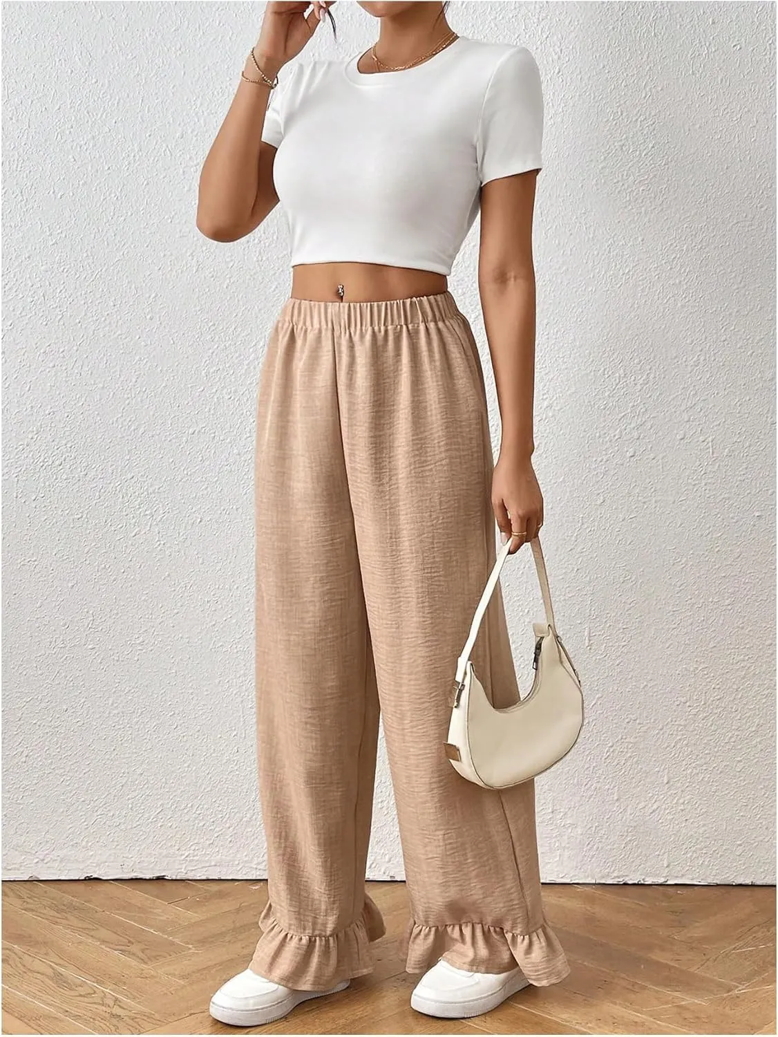 MakeMeChic Women's Y2K Gingham Wide Leg Pants Elastic Waist Ruffle Hem Loose Trousers Loungewear