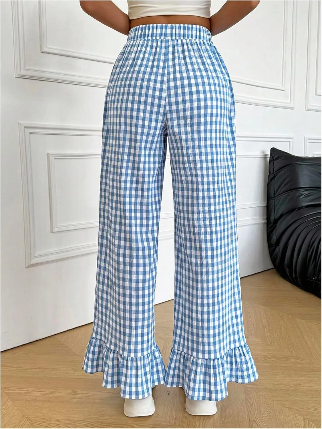 MakeMeChic Women's Y2K Gingham Wide Leg Pants Elastic Waist Ruffle Hem Loose Trousers Loungewear